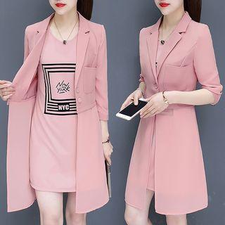 Set: 3/4-sleeve Long Blazer + Lettering Mini Tank Dress