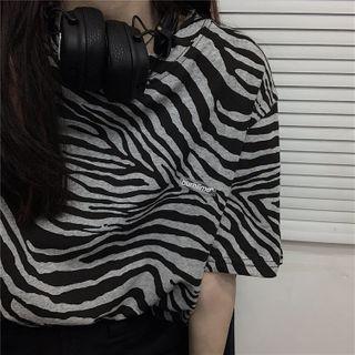 Zebra Print Elbow-sleeve T-shirt As Shown In Figure - One Size
