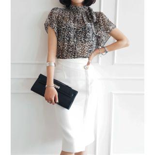 Mock-neck Pattern Sheer Top Brown - One Size