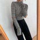 Cutout Long-sleeve Striped T-shirt Stripes - Black & White - One Size