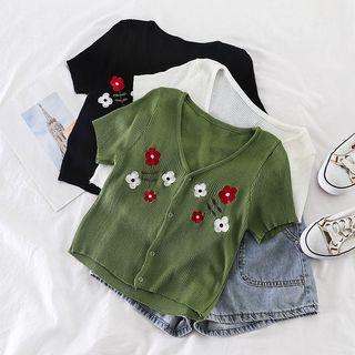 Embroidered Flower V-neck Knit Top