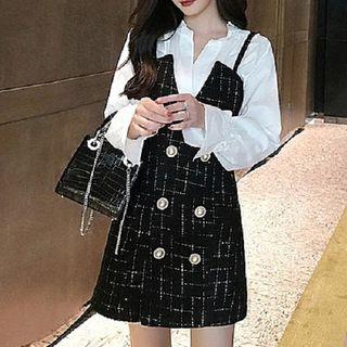Set: V-neck Blouse + Plaid Spaghetti Strap Pinafore Dress