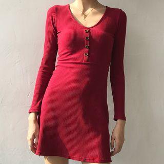 Plain V-neck Long-sleeve Mini A-line Dress