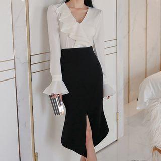 Ruffled Bell-sleeve Blouse / Slit Pencil Skirt