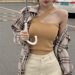 Plain One Shoulder Crop Tank Top