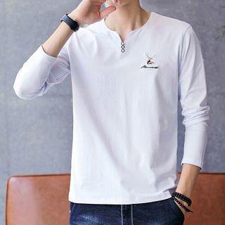 Deer Embroidered Long-sleeve Henley T-shirt
