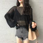 Set: Lace Bralette + Balloon-sleeve Sheer Top Black - One Size