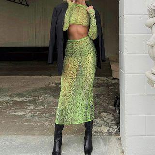 Set: Long-sleeve Patterned Cropped T-shirt + Midi Pencil Skirt