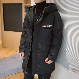 Letter Embroidered Hooded Long Zip Coat