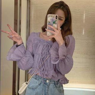 Flare-sleeve Ruffled Top Purple - One Size