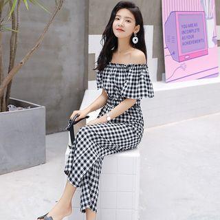 Plaid Off-shoulder Short-sleeve Jumpsuit