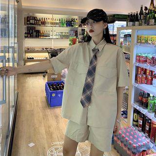 Set: Short-sleeve Shirt + Plaid Tie + Shorts