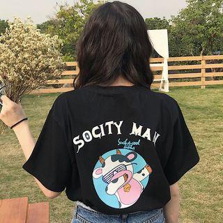 Elbow-sleeve Cartoon Cow Printed T-shirt