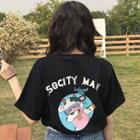 Elbow-sleeve Cartoon Cow Printed T-shirt