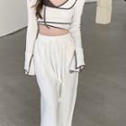 Long-sleeve Mock Two-piece Top / High Waist Wide Leg Pants