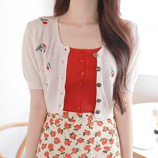 Cherry-embroidered Cropped Cardigan
