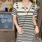 Short-sleeve Striped A-line Dress Stripe - Black & Khaki - One Size