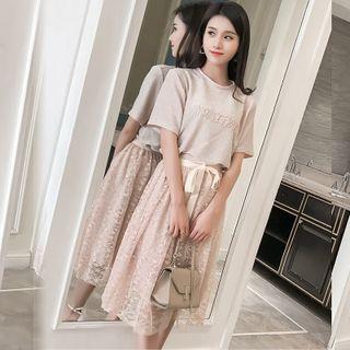 Set: Short-sleeve Letter Embroidered T-shirt + Lace Midi A-line Skirt