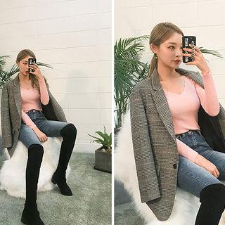 Peaked-lapel Glen-plaid Wool Blend Blazer