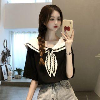 Sailor Collar Color Block Short-sleeve Shirt