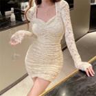 Long-sleeve Lace Mini Sheath Dress Light Almond - One Size
