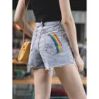 Rainbow-print Distressed Denim Shorts