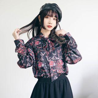 Printed Long-sleeve Tie-neck Blouse