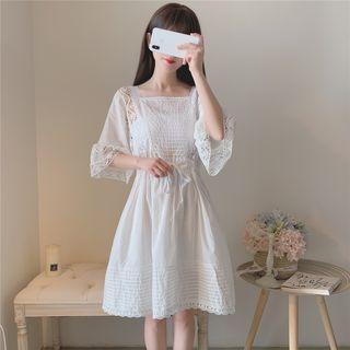 Filigree Trim Retro Square-neck Dress White - One Size