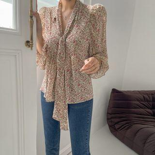 Bishop-sleeve Tie-neck Floral Blouse Green - One Size