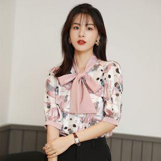 Elbow-sleeve Print Tie-neck Blouse