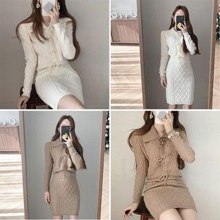 Set: Long-sleeve Collared Tie-front Cable Knit Top + Mini Fitted Skirt