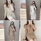 Set: Long-sleeve Collared Tie-front Cable Knit Top + Mini Fitted Skirt