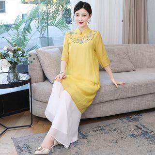 Elbow-sleeve Floral Embroidered Cheongsam Top / Wide Leg Pants