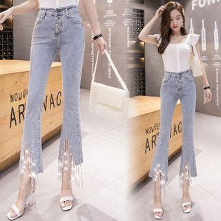Rhinestone Fringe Washed Cropped Boot-cut Jeans