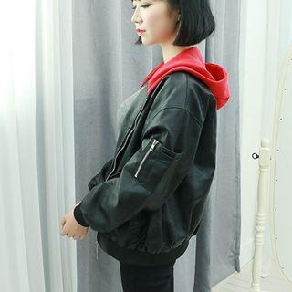 Hooded Zip-up Faux-leather Jacket