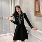 Long-sleeve Contrast Trim Collared Knit Dress