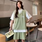 Set: Short-sleeve Mock Two-piece Lettering T-shirt + Shorts
