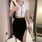 Short-sleeve Contrast-trim Cropped Top / High-waist Asymmetrical Slit Skirt
