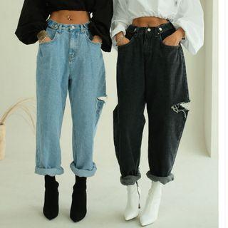 Adjustable-waist Slit Baggy Jeans