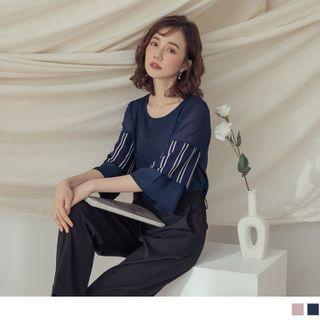 Striped Panel 3/4-sleeve Round Neck Chiffon Top