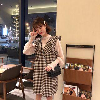 Plain Blouse / V-neck Ruffle-trim Pinafore Dress