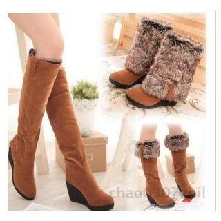 Wedge Heel Furry Long Boots