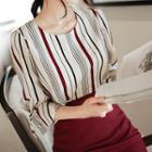 3/4-sleeve Ruffled Striped Top