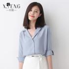 Long-sleeved Loose-fit Collared Pocketed Chiffon Blouse