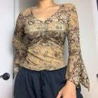 V-neck Floral Print Flared-cuff Top