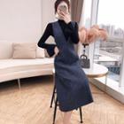Set: Long-sleeve Mock Neck Top + Sleeveless A-line Midi Dress