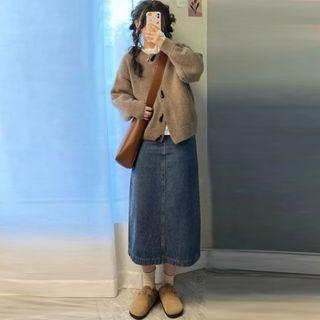 Plain Cardigan / Denim Midi Pencil Skirt / Set