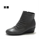 Genuine Leather Shirred Wedge Ankle Boots