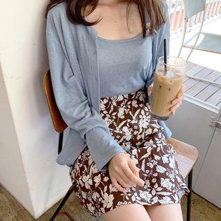 Button-front Floral Skirt Brown - One Size