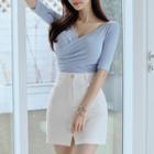 Set: V-neck Short-sleeve Knit Top + Mini Pencil Skirt